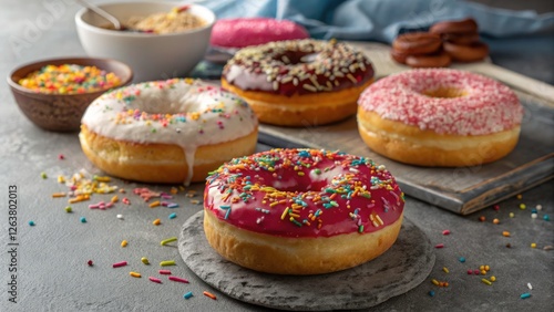 Colorful Doughnuts with Sprinkles and Glossy Glaze on Grey Table - Delightful Dessert Photography for Food Lovers
