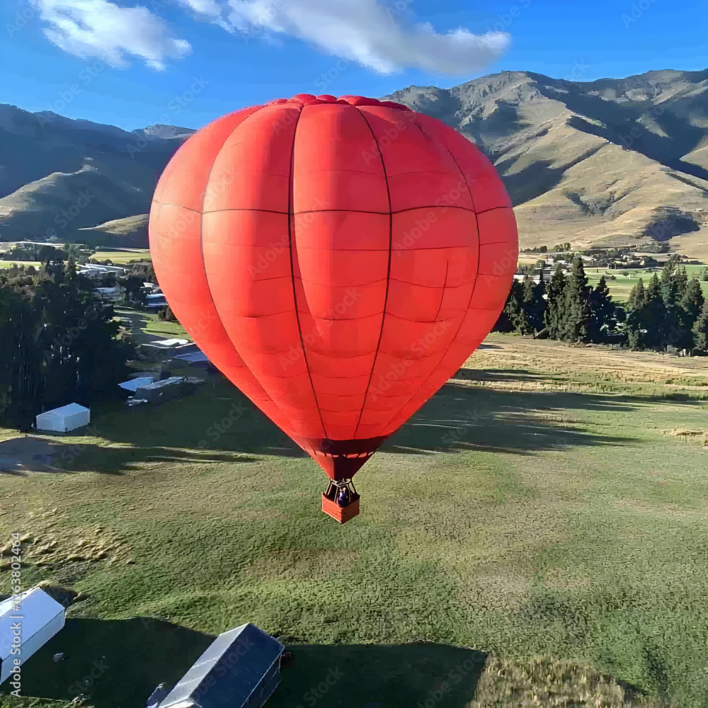 Obraz premium Red hot air balloon soaring over valley, scenic mountain background, adventure tourism