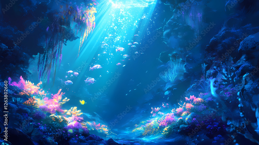 Obraz premium Mystical underwater rays illuminate the depths of the ocean with an enchanting azure glow. Sapphire Ocean Depths. Illustration