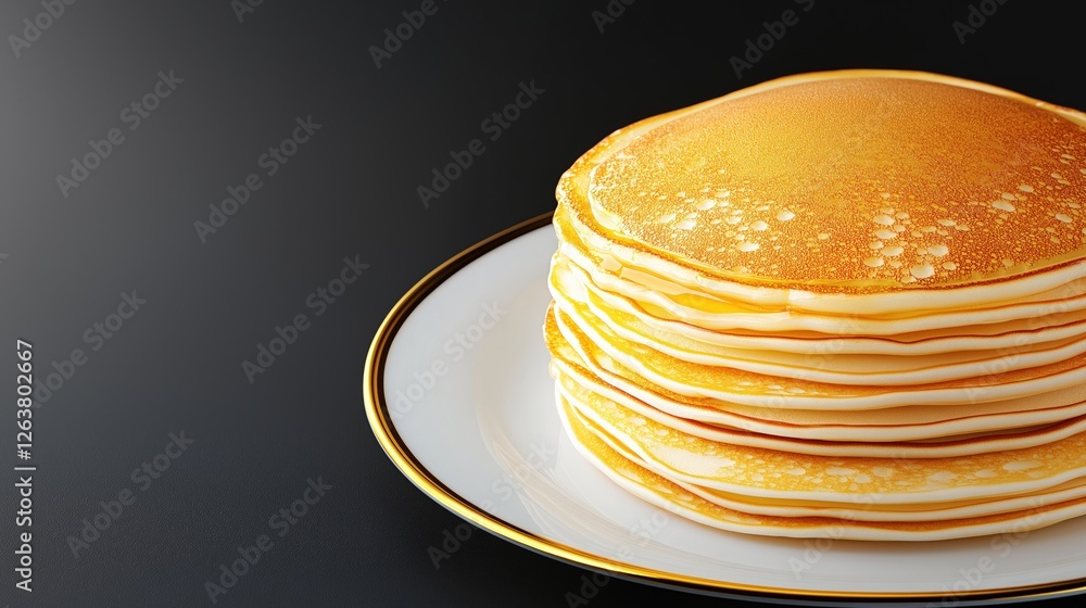 Homemade pancakes on porcelain plate on dark countertop, with copy space Homemade pancakes on porcelain plate on dark countertop, with copy space