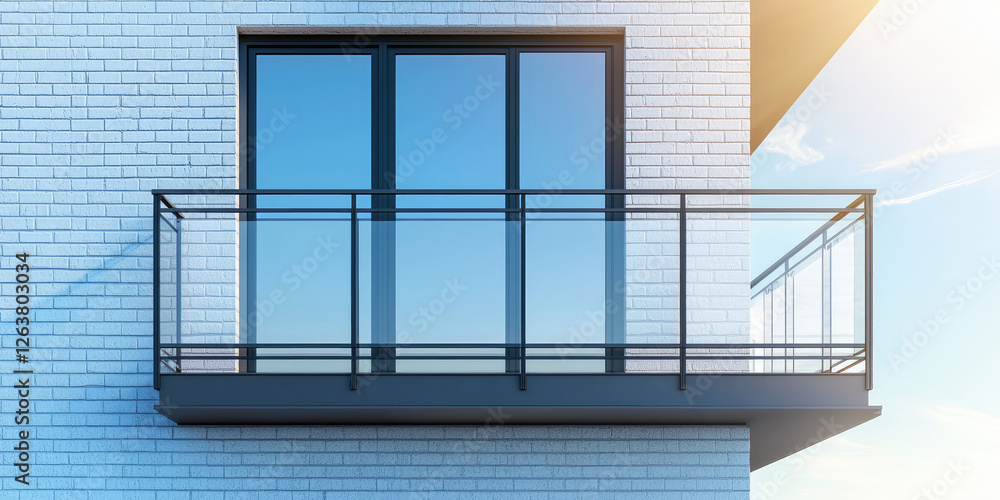Balcony with metal railings, double glass patio doors. Exterior brick wall of apartment building house. Balcony with metal railings, double glass patio doors. Exterior brick wall of apartment building house.