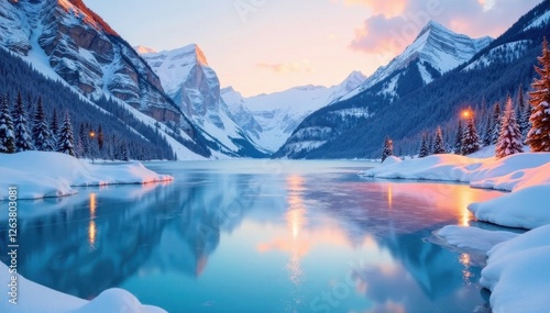 A stunning ice skating rink in a serene winter landscape with frozen lake and snow-covered mountains, snow, lake, winter