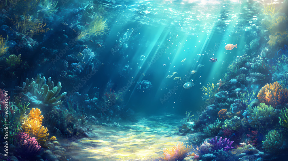 Obraz premium Turquoise ocean and precious, a serene underwater scene with sunlight filtering through the water, illuminating the ocean floor and creating a tranquil atmosphere. Sapphire Ocean Depths. Illustration