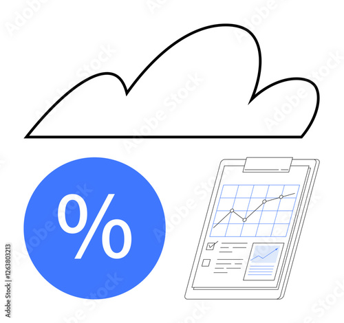 Cloud outline above a blue percentage sign and a clipboard with graph and checksheet. Ideal for business strategies, data analysis, cloud computing, financial forecasting, performance reviews