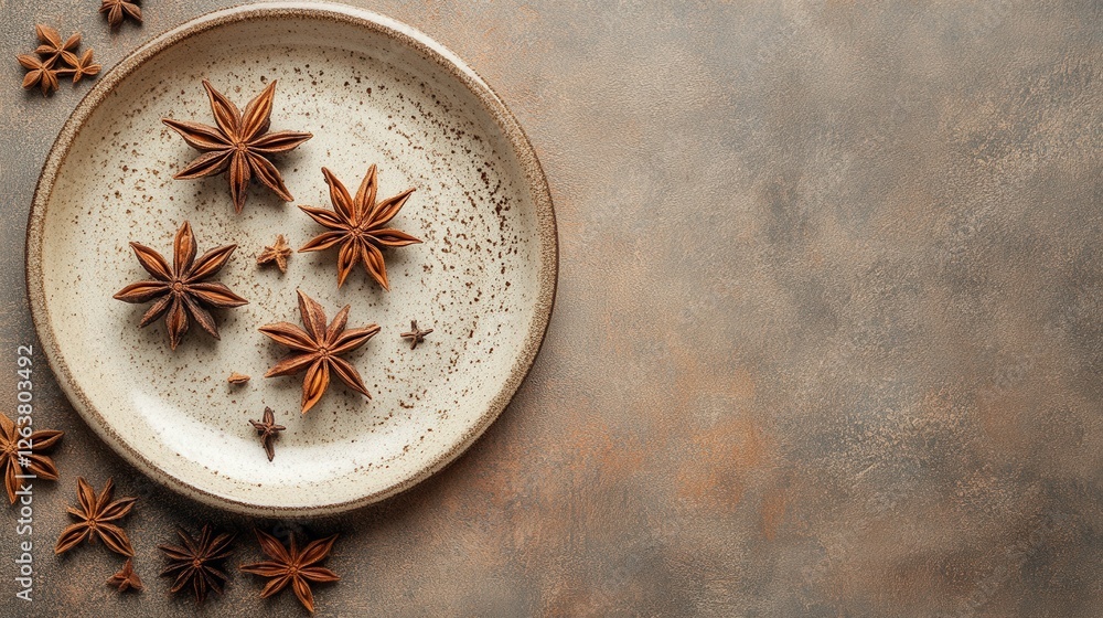 Star Anise Decorative Elements on Rustic Plate Background Star Anise Decorative Elements on Rustic Plate Background