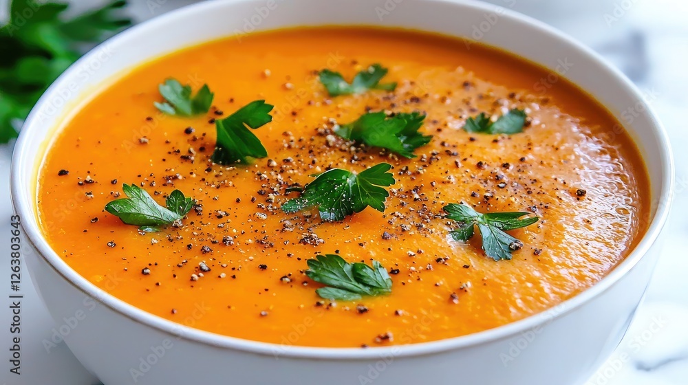 Orange Soup in White Bowl, garnished with parsley, ready to eat. Possible use Restaurant menu image, food blog post Orange Soup in White Bowl, garnished with parsley, ready to eat. Possible use Restaurant menu image, food blog post