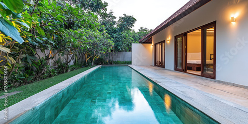 Wallpaper Mural Modern luxury villa with swimming pool and spot exterior lighting. Evening view of the cottage with spot lighting recessed. Torontodigital.ca