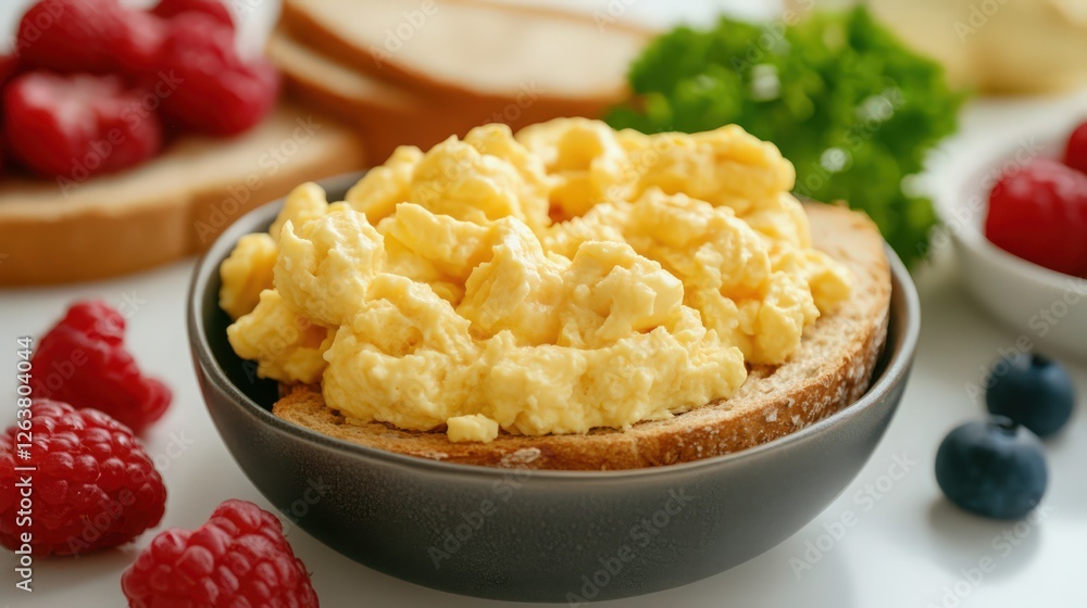 Delicious Scrambled Eggs on Toast with Fresh Berries and Green Garnish Delicious Scrambled Eggs on Toast with Fresh Berries and Green Garnish