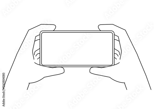 両手で横向きのスマートフォンを持つ手のイラスト_2_主線あり_モノクロ
