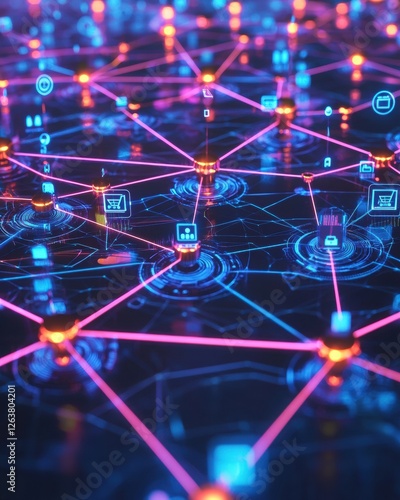 Close-up View of a Complex Digital Network with Bright Lights and Interconnected Nodes Representing Data Flow