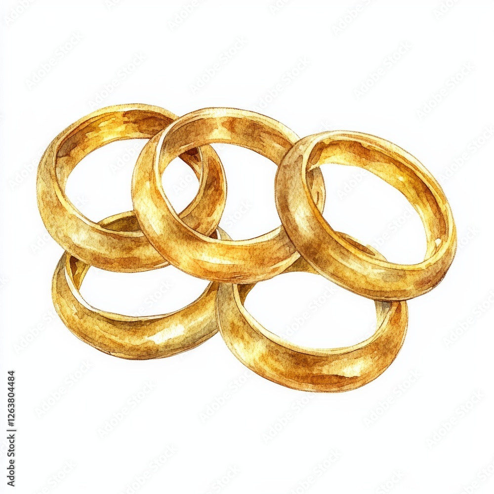 Watercolor interlocking rings - elegant gold circle art on white background Watercolor interlocking rings - elegant gold circle art on white background