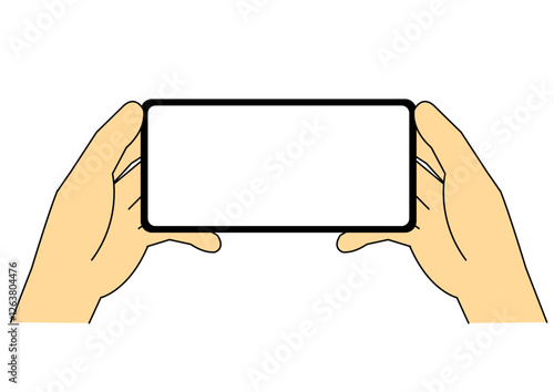 両手で横向きのスマートフォンを持つ手のイラスト_主線あり
