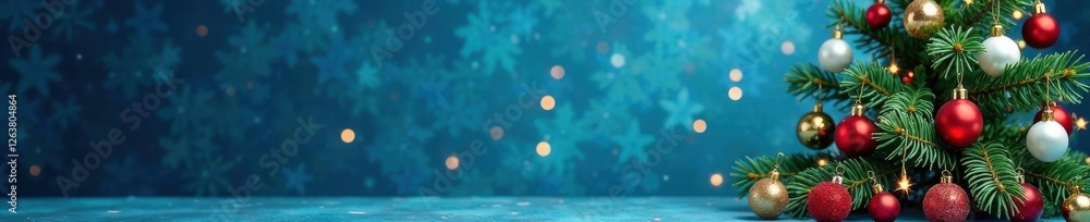 Blue background with merry Christmas tree and ornaments, merry christmas, ornaments, festive Blue background with merry Christmas tree and ornaments, merry christmas, ornaments, festive