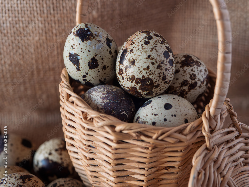 Obraz premium Fresh Quail Eggs in a Rustic Basket for Culinary Use