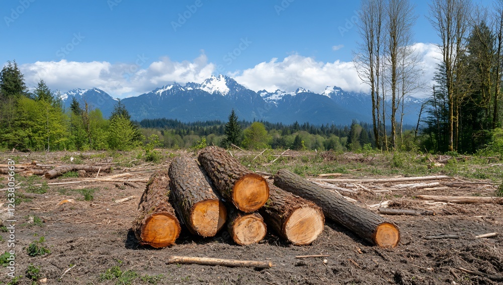 Cut logs on field with forest and snowy mountains; logging/deforestation concept Cut logs on field with forest and snowy mountains; logging/deforestation concept