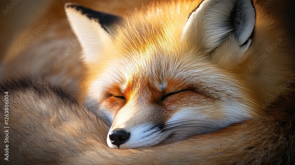 Fototapeta premium Serene slumber fox portrait exhibiting calmness and soft light casting shadows on its fur coat details