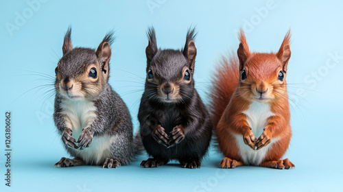 A black, grey and red squirrel standing next to each other, on a pastel blue background. photo