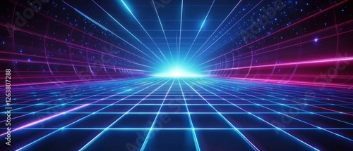 Wallpaper Mural Futuristic neon grid landscape with glowing blue and pink lines converging towards a bright light source Retro 80s style digital background, perfect for technology, gaming, or music concepts Torontodigital.ca