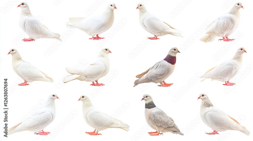 Obraz premium White dove collection, standing, portrait and flying, pigeon bundle isolated on a white background.