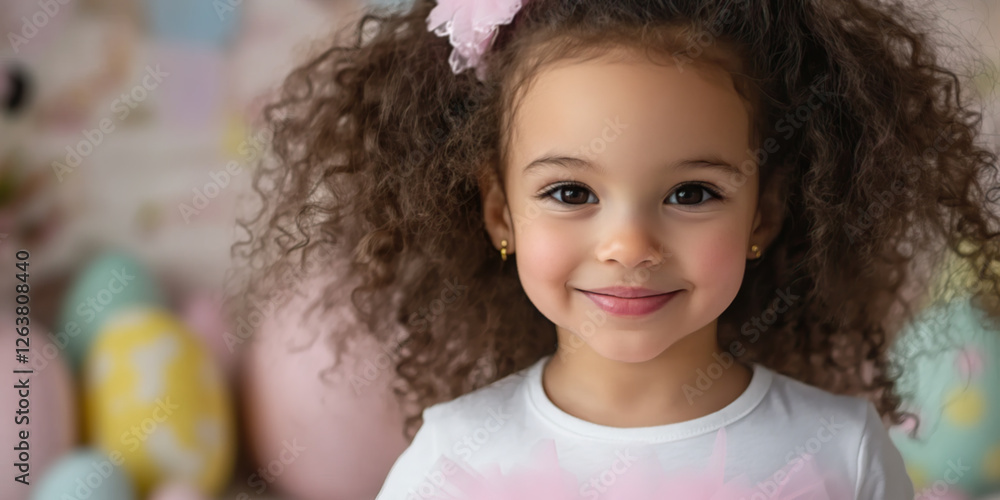 Portrait of a little girl with curly hair wearing a white shirt on a Easter themed background Portrait of a little girl with curly hair wearing a white shirt on a Easter themed background