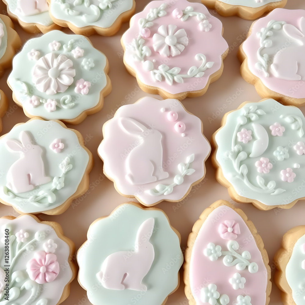 A top-down view of decorated cookies, some with floral designs and others featuring a rabbit silhouette, in pastel colors A top-down view of decorated cookies, some with floral designs and others featuring a rabbit silhouette, in pastel colors