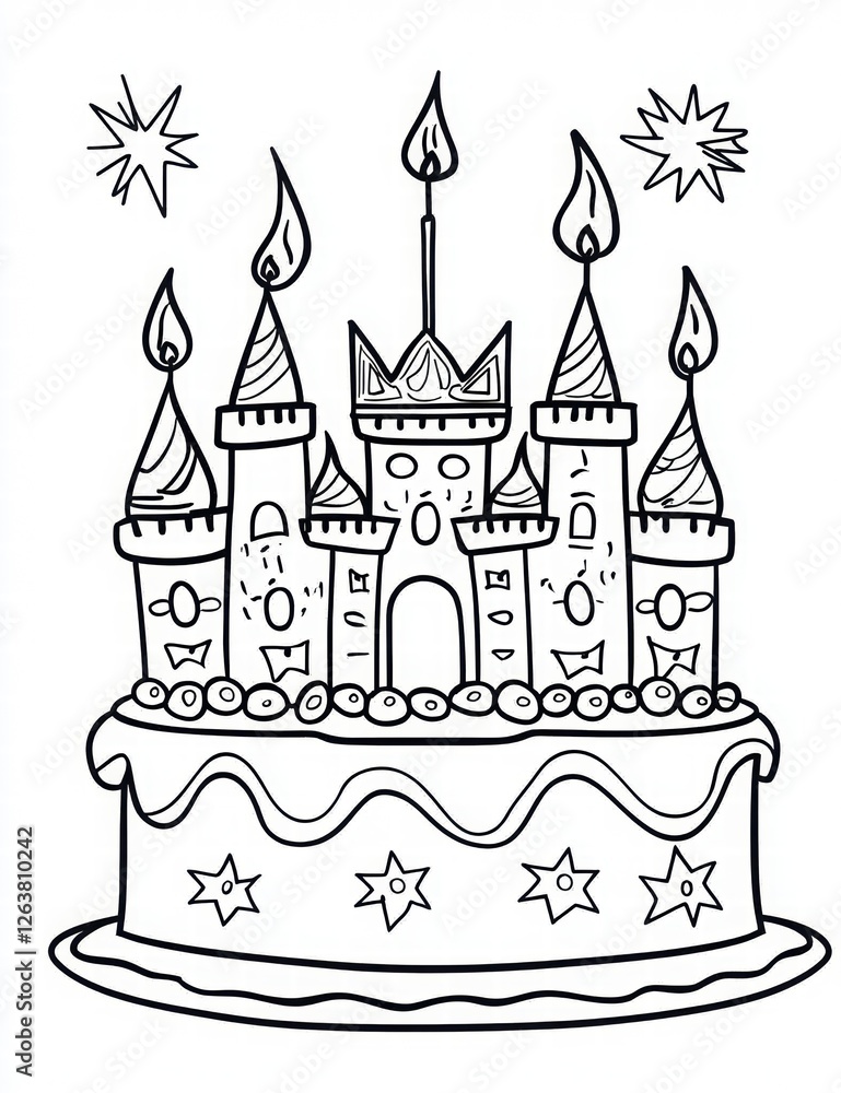 Obraz premium Whimsical Birthday Cake Castle with Lit Candles and Stars in a Simple Coloring Page Design