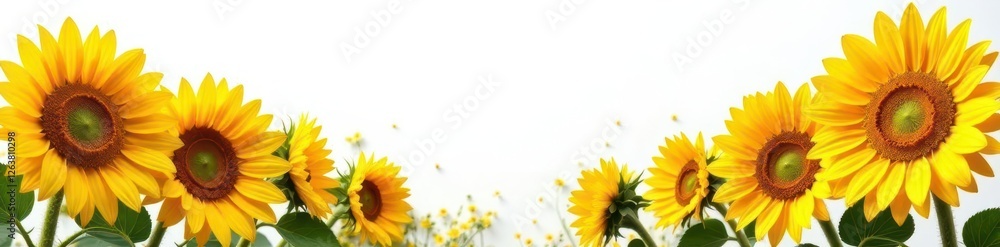 Fototapeta premium Vibrant yellow sunflowers, rustic white backdrop , joyful, bright yellow, bouquet
