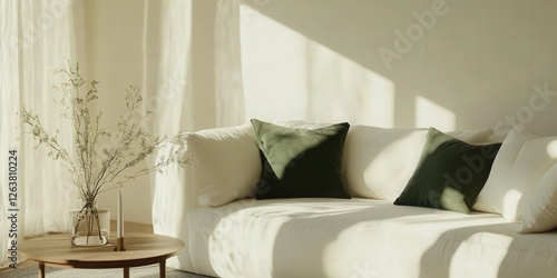 A serene close-up captures a pristine white couch adorned with a vibrant green pillow, subtly tilted to reveal its cozy allure, inviting relaxation photo