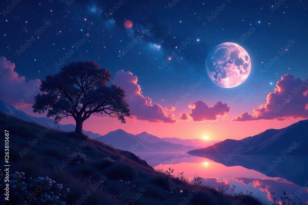 Celestial canvas with twinkling stars and moonlit silhouette, night sky, space, cosmos Celestial canvas with twinkling stars and moonlit silhouette, night sky, space, cosmos