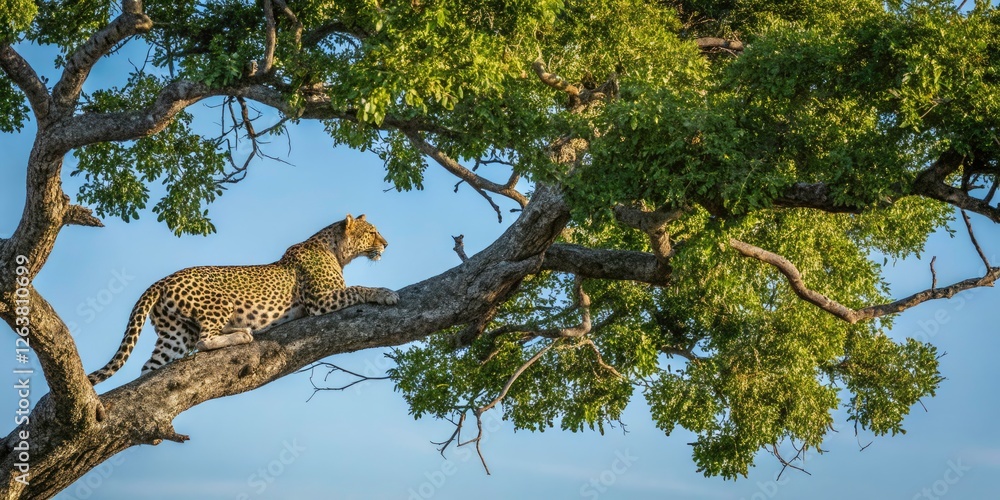 Obraz premium Majestic Leopard in Tree: Stunning Wildlife Photography of Big Cats, Nature's Beauty, African Safari, Natural Habitat, Animal Portraits, Wildlife Conservation, Exotic Creatures, and Wild Landscapes