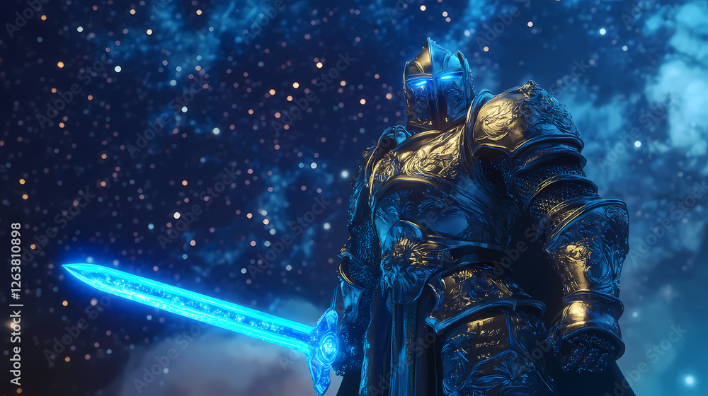 Fototapeta premium Powerful armored knight with glowing blue sword stands against a starry night sky. Celestial Knights. Illustration