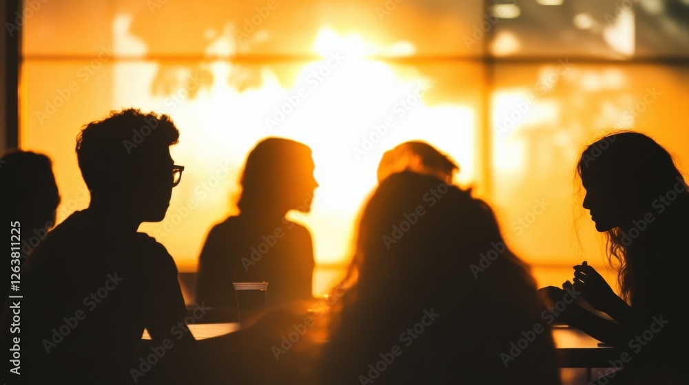 the foreground shows silhouettes of students collaborating in small groups their details fading into a soft background. the foreground shows silhouettes of students collaborating in small groups their details fading into a soft background.
