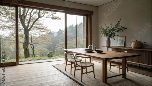 Minimalist Dining Room with Rectangular Old Table and Scenic Window View  Perfect for Interior Design Inspiration and Aesthetic Home Decor Ideas