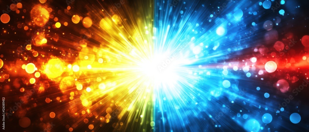 Fototapeta premium Vibrant abstract background with colorful bokeh lights and radiating light beams Festive, energetic backdrop with a dynamic burst of energy, perfect for celebrations, holidays, or vibrant designs