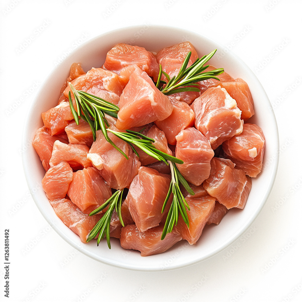 Raw Cubed Chicken Breast with Rosemary in White Bowl Raw Cubed Chicken Breast with Rosemary in White Bowl
