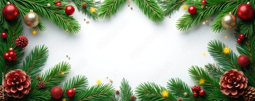 Christmas Border with Lush Fir Branches and Rustic Pine Cones, Christmas decoration, rustic pine cones, wintery landscape Christmas Border with Lush Fir Branches and Rustic Pine Cones, Christmas decoration, rustic pine cones, wintery landscape