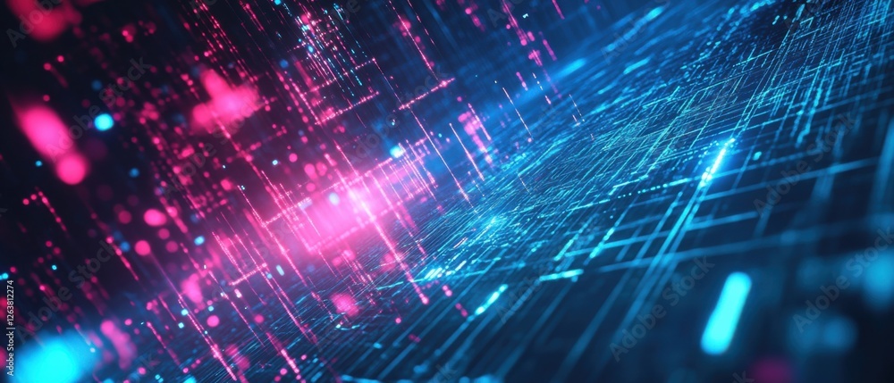 Fototapeta premium Futuristic digital landscape with glowing pink and blue lines, representing data flow, cyberspace, and technological innovation Abstract background concept for communication, network, and internet