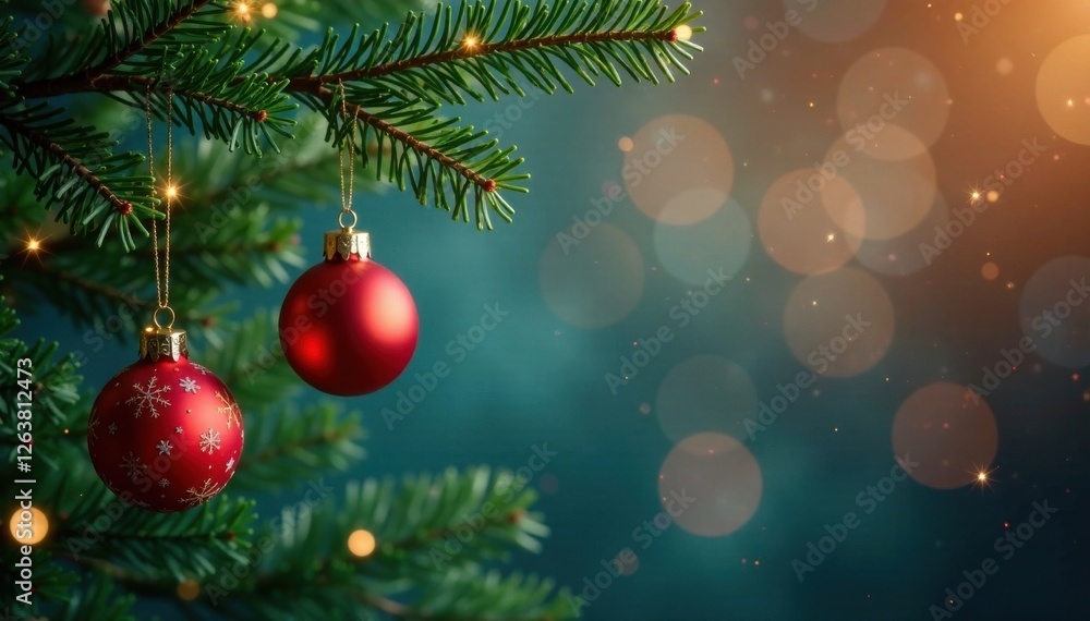 Christmas tree branches with ornaments hanging in air, greenery, Christmas tree, blue