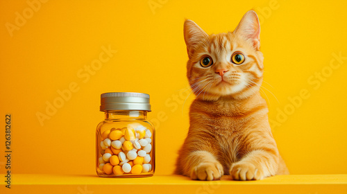 Ginger Cat and Pill Bottle on Yellow Background