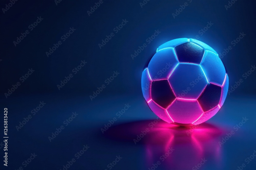 Naklejka premium Blue background with glowing neon soccer ball in focus , glowing, background, neon