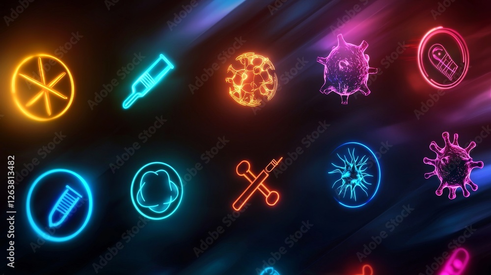 Futuristic flat virus and germ icons glowing with neon effects, layered over a holographic gradient background Futuristic flat virus and germ icons glowing with neon effects, layered over a holographic gradient background