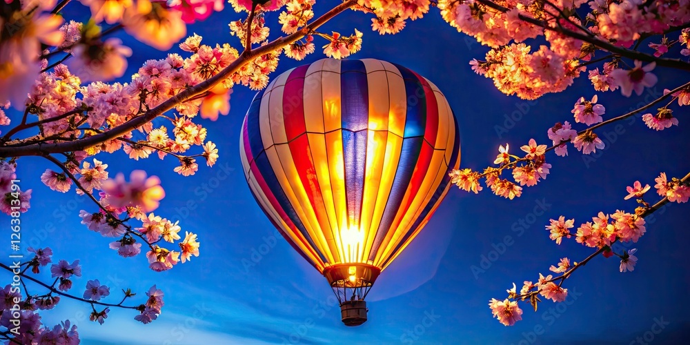Obraz premium Night Cherry Blossom Balloon, Blue Sky, Closeup, Dark Night Photography, Celestial Bloom