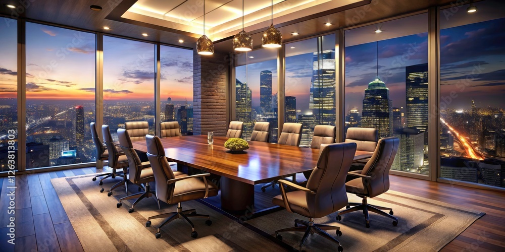 Night Skyscraper Boardroom - Panoramic City View, Modern Meeting Room, Long Table, Comfortable Chairs Night Skyscraper Boardroom - Panoramic City View, Modern Meeting Room, Long Table, Comfortable Chairs