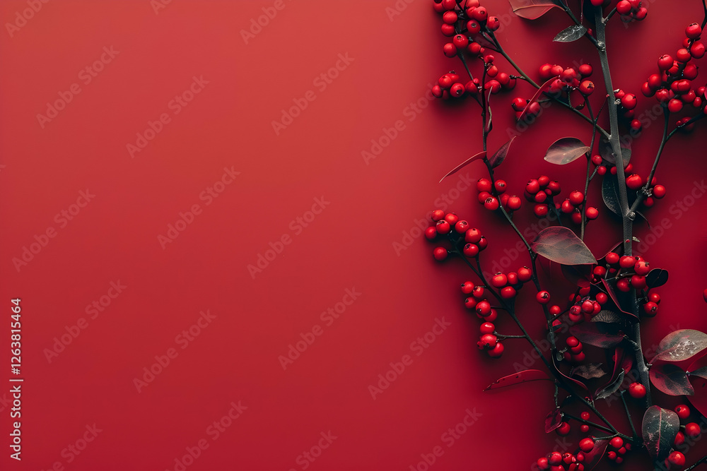 A vibrant arrangement of red berries against a smooth red background, ideal for seasonal decor A vibrant arrangement of red berries against a smooth red background, ideal for seasonal decor