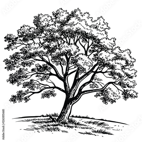 vector hand-drawn illustration of a line art maple /Oak tree with dense foliage in autumn.