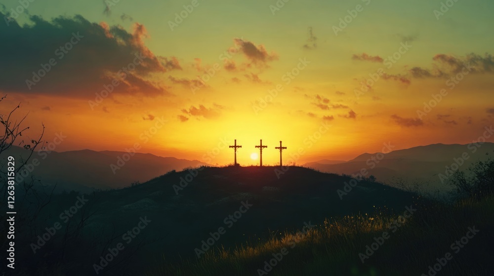 Three crosses silhouetted against a vibrant sunset over rolling hills. Three crosses silhouetted against a vibrant sunset over rolling hills.