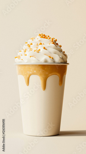 Whipped Cream Beverage with Caramel Drizzle and Sprinkles in White Cup