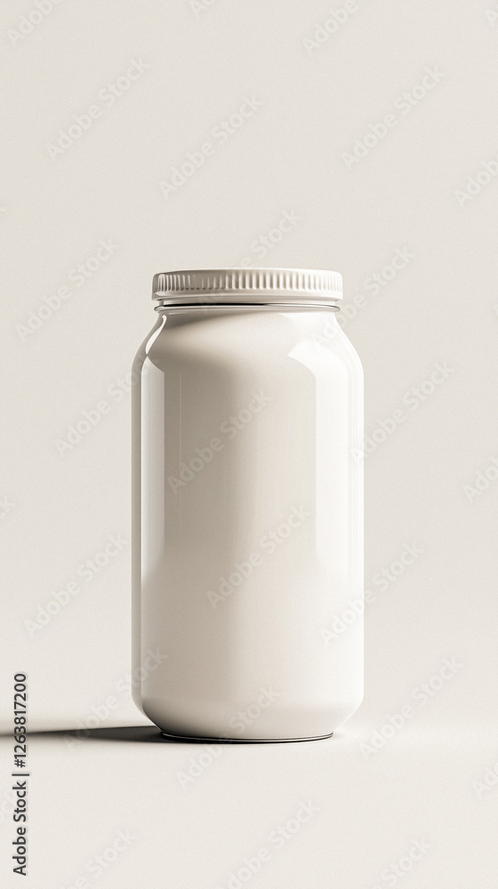 White Cylindrical Jar with Lid on Off-White Background White Cylindrical Jar with Lid on Off-White Background