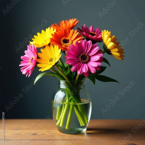 Bright colorful flowers blooming on a wooden desk, office decor, , creative space