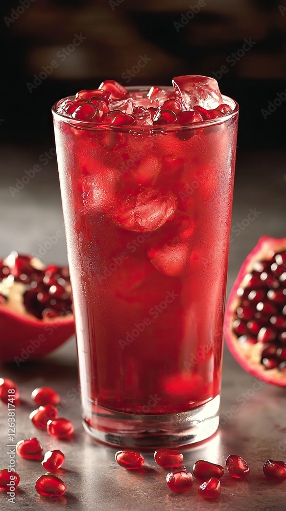 Refreshing pomegranate beverage served with ice and garnished with seeds Refreshing pomegranate beverage served with ice and garnished with seeds